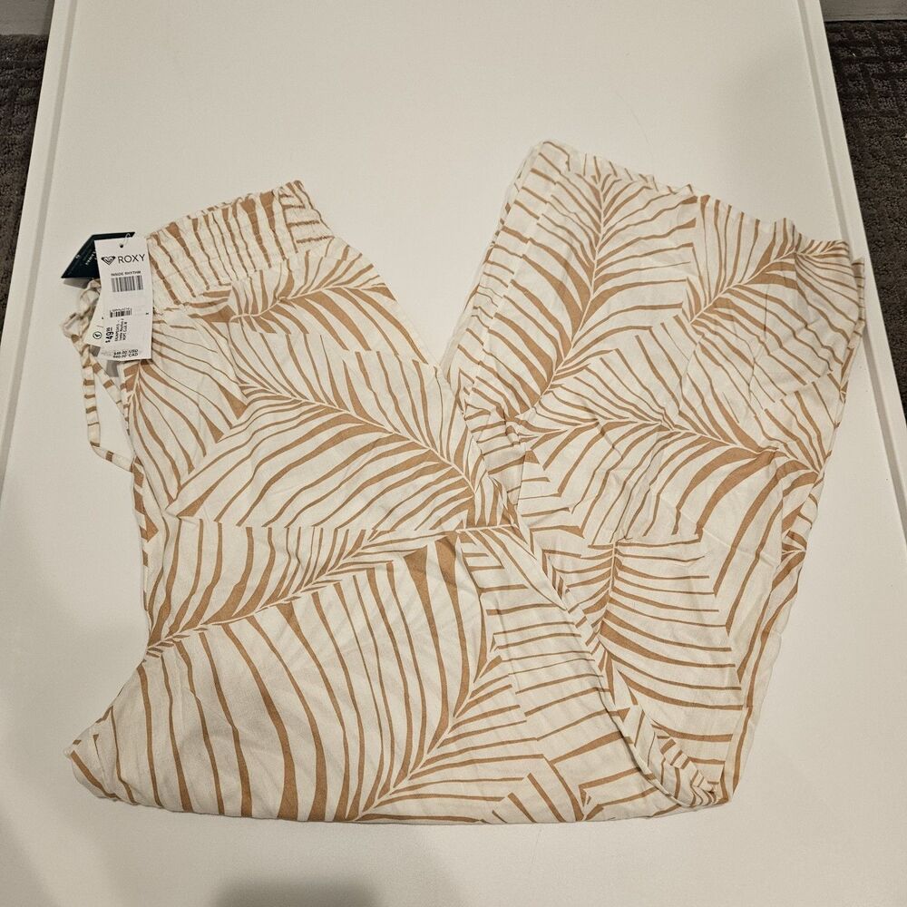 NWT Roxy White Beige Inside Rhythm Beach Pants Pull On Stretch Waist, Size M